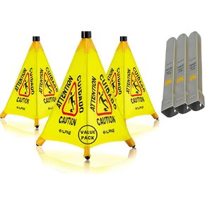 Alpine Caution Wet Floor Sign 3 Pack - Pop Up Slippery When Wet Sign, Wall Mounted Foldable Bilingual Yellow Safety Warning Caution Cone for Commercial & Office Use (20 Inches)