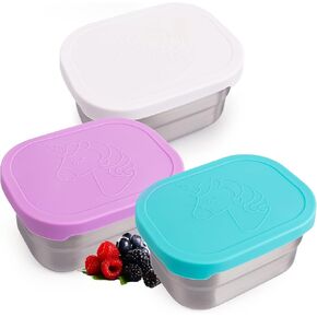 Set of 3 Stainless Steel Kids Lunch Box Containers - Handy, Leakproof 8oz Food Storage Containers with Lids - Fun Dinosaur Design for Snacks & Lunches at Daycare/School - Ages 3+, Blue & Orange