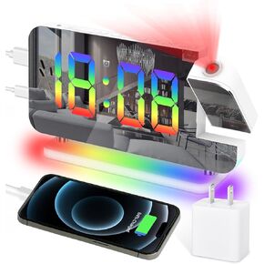 Projection Alarm Clock, Digital Colorful Clock with 180° Rotatable Projector, Mirror Clocks with RGB Night Light,Snooze,12/24H, Dual Charger Port, Auto Dimmer, LED Desk Clock for Bedroom