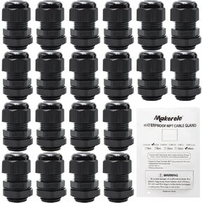 MAKERELE Cord Grip Cable Glands Kit for Electrical Box NPT Waterproof Nylon Strain Relief 1/4" 3/8" 1/2" 3/4" 1" 1-1/4" 50pcs Junction case Connector Black With Gaskets