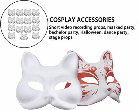 15 Piece Cat Mask Set, Colorable White Fox Mask, Female Masquerade Mask DIY Hand Painted, Decorative Masks with Paint and Brushes Suitable for Carnival, Cosplay, Masquerade, Parties in Saudi Arabia