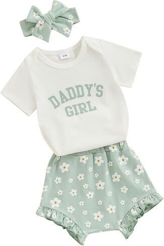VISGOGO Baby Girl Clothes Daddy Saying Letter Print Knit Rib Sleeveless Romper Floral Print Shorts Headband 3Pcs Set in Kuwait