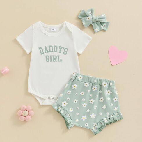 VISGOGO Baby Girl Clothes Daddy Saying Letter Print Knit Rib Sleeveless Romper Floral Print Shorts Headband 3Pcs Set in Kuwait