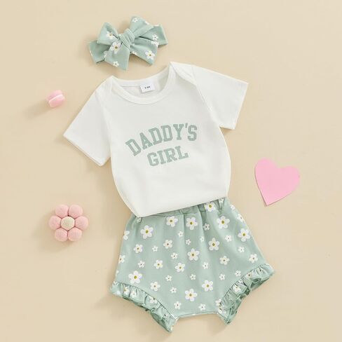 VISGOGO Baby Girl Clothes Daddy Saying Letter Print Knit Rib Sleeveless Romper Floral Print Shorts Headband 3Pcs Set in Kuwait