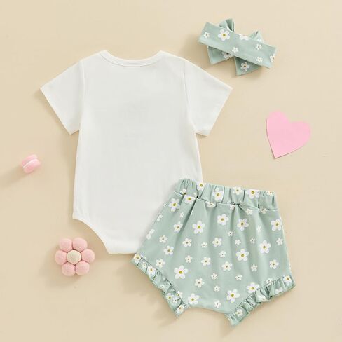 VISGOGO Baby Girl Clothes Daddy Saying Letter Print Knit Rib Sleeveless Romper Floral Print Shorts Headband 3Pcs Set in Kuwait