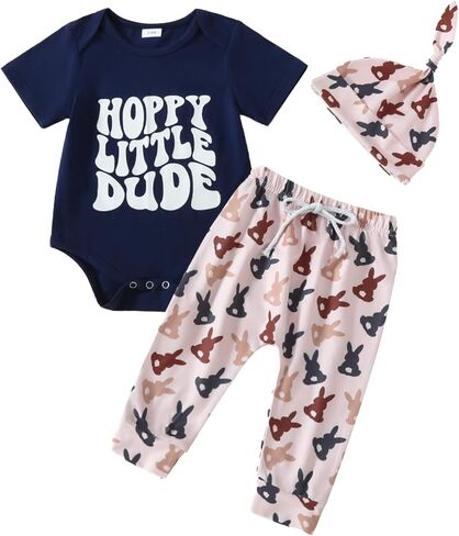 Muasaaluxi Newborn Baby Boy Easter Outfit Cutest Little Bunny Romper Onesie Long Pants with Pompom Bunny Hat Set 0-12M in Saudi Arabia