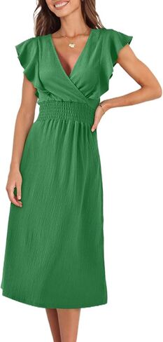 Happy Sailed Women's Summer V Neck Ruffle Short Sleeve Casual Smocked High Waist A Line Midi Dresses with Pockets in Saudi Arabia
