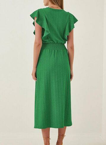 Happy Sailed Women's Summer V Neck Ruffle Short Sleeve Casual Smocked High Waist A Line Midi Dresses with Pockets in Saudi Arabia