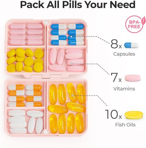 AUVON Travel Pill Organizer with Folding Design, 7 Compartments Daily Pill Case with Long-lasting Hinges, Portable Pill Box for Purse Pocket, Small Pill Container for Fish Oil, Vitamin (Pink) in Saudi Arabia