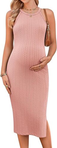 Ekouaer فستان حمل ضلع متماسكة شق جانبي قابل للتمدد Bodycon فساتين الحمل رسن الرقبة بلا أكمام ملابس الحوامل in Kuwait