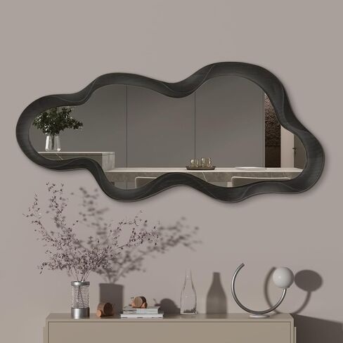 مرآة حائط غير منتظمة مقاس 91.44 سم × 60.96 سم، مرآة حائط بإطار خشبي، مرآة حائط متموجة غير متماثلة لغرفة المعيشة وغرفة النوم ومدخل الحمام مرآة ديكور حديثة مع خطافات معلقة in Kuwait