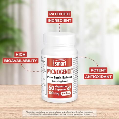 Supersmart - Pycnogenol 200mg per Day (Patented & Highly Bioavailable) - French Maritime Pine Bark Extract | Non-GMO & Gluten Free - 60 Vegetarian Capsules in Saudi Arabia