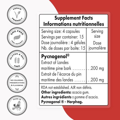 Supersmart - Pycnogenol 200mg per Day (Patented & Highly Bioavailable) - French Maritime Pine Bark Extract | Non-GMO & Gluten Free - 60 Vegetarian Capsules in Saudi Arabia