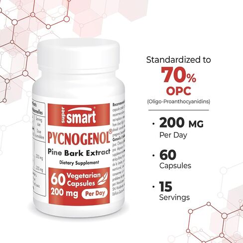 Supersmart - Pycnogenol 200mg per Day (Patented & Highly Bioavailable) - French Maritime Pine Bark Extract | Non-GMO & Gluten Free - 60 Vegetarian Capsules in Saudi Arabia