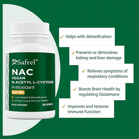 كبسولات Safrel N-Acetyl-L-Cysteine ​​(NAC)، 600 مجم، 180 قطعة، الجهاز التنفسي، المناعي، صحة الكبد، دعم قوي لمضادات الأكسدة، الجذور الحرة، سهل الامتصاص، غير معدل وراثيًا، خالي من الغلوتين in Kuwait