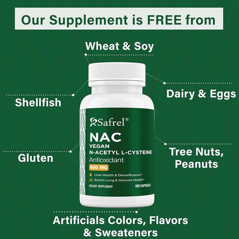 كبسولات Safrel N-Acetyl-L-Cysteine ​​(NAC)، 600 مجم، 180 قطعة، الجهاز التنفسي، المناعي، صحة الكبد، دعم قوي لمضادات الأكسدة، الجذور الحرة، سهل الامتصاص، غير معدل وراثيًا، خالي من الغلوتين in Kuwait