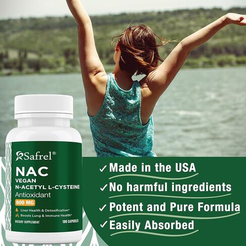كبسولات Safrel N-Acetyl-L-Cysteine ​​(NAC)، 600 مجم، 180 قطعة، الجهاز التنفسي، المناعي، صحة الكبد، دعم قوي لمضادات الأكسدة، الجذور الحرة، سهل الامتصاص، غير معدل وراثيًا، خالي من الغلوتين in Kuwait