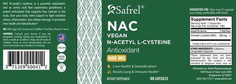 كبسولات Safrel N-Acetyl-L-Cysteine ​​(NAC)، 600 مجم، 180 قطعة، الجهاز التنفسي، المناعي، صحة الكبد، دعم قوي لمضادات الأكسدة، الجذور الحرة، سهل الامتصاص، غير معدل وراثيًا، خالي من الغلوتين in Kuwait