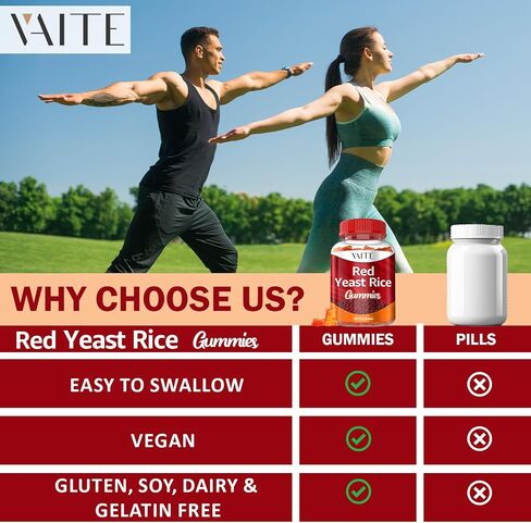 VAITE Red Yeast Rice with Coq10 Gummies - 1200 mg RYR Synergy Organic Supplement with Coenzyme Q10 Monacolin K for High Cholesterol Non-GMO & Citrinin Free Herbal Vegetarian Gummy Chews 60 Count in Saudi Arabia