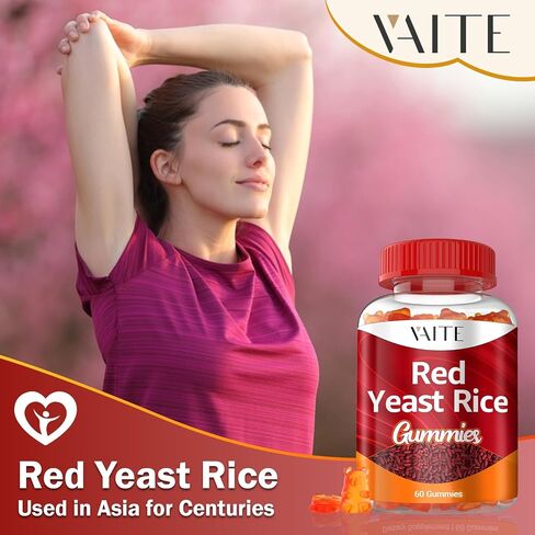 VAITE Red Yeast Rice with Coq10 Gummies - 1200 mg RYR Synergy Organic Supplement with Coenzyme Q10 Monacolin K for High Cholesterol Non-GMO & Citrinin Free Herbal Vegetarian Gummy Chews 60 Count in Saudi Arabia