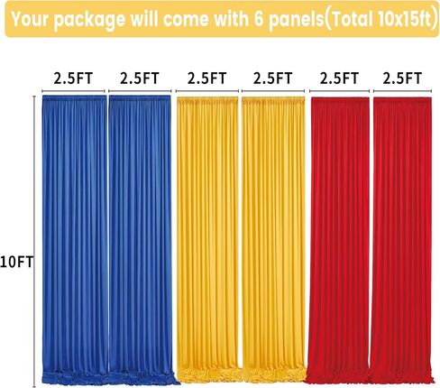 10ft x 15ft Thick Backdrop Curtain for Parties, Yellow Red Royal Blue Wrinkle Free Photography Backdrop Drapes, 6 Panels 2.5ft x 10ft Theme Party Backdrop Drapes for Baby Birthday Party Decorations in Saudi Arabia