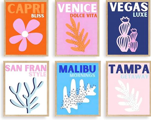 HOSUM ART Preppy ديكور غرفة الجمالية الساخنة السفر قماش جدار الفن للفتيات في سن المراهقة غرفة نوم الوردي كلية غرفة النوم ملصقات ديكور الحائط العصرية - مجموعة من 6 8x10in (غير مؤطرة) in Kuwait