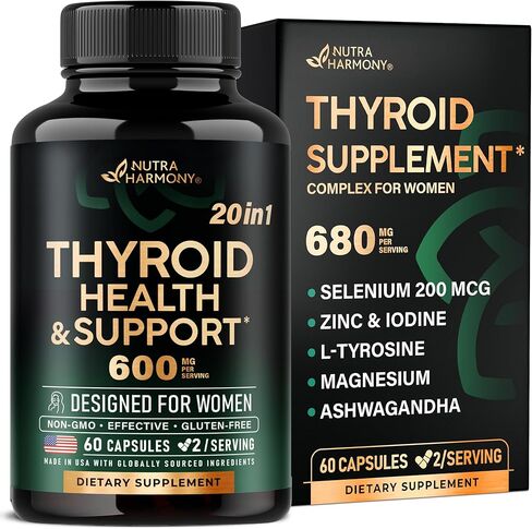 دعم الغدة الدرقية للنساء - السيلينيوم 200 ميكروجرام | الزنك واليود | إل-تيروسين | مغنيسيوم | Adaptogen Herbs - 20 في 1 مضاد للأكسدة ودعم المناعة - نباتي، غير معدل وراثيًا، تم اختباره معمليًا - 60 كبسولة، صنع في الولايات المتحدة الأمريكية in Kuwait