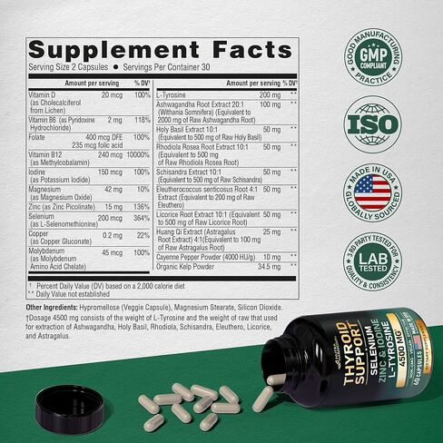 دعم الغدة الدرقية للنساء - السيلينيوم 200 ميكروجرام | الزنك واليود | إل-تيروسين | مغنيسيوم | Adaptogen Herbs - 20 في 1 مضاد للأكسدة ودعم المناعة - نباتي، غير معدل وراثيًا، تم اختباره معمليًا - 60 كبسولة، صنع في الولايات المتحدة الأمريكية in Kuwait