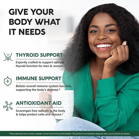 دعم الغدة الدرقية للنساء - السيلينيوم 200 ميكروجرام | الزنك واليود | إل-تيروسين | مغنيسيوم | Adaptogen Herbs - 20 في 1 مضاد للأكسدة ودعم المناعة - نباتي، غير معدل وراثيًا، تم اختباره معمليًا - 60 كبسولة، صنع في الولايات المتحدة الأمريكية in Kuwait