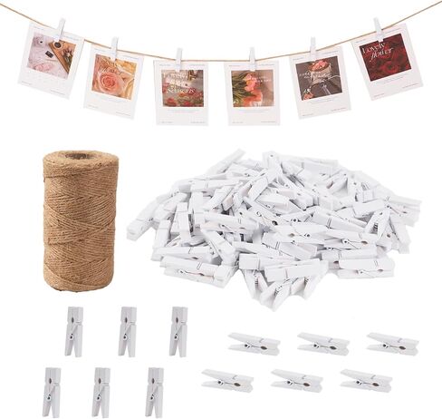 Small Black Clothes Pins for Photos,100PCS Mini Wooden Black Clothespins with 328 Feet Jute Twine,1.4 inch Black Small Clothespins for Hanging Photos,Crafts,Baby Shower,Graduation,Halloween in Saudi Arabia