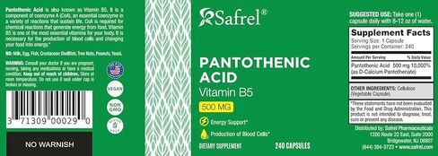 Safrel Pantothenic Acid (Vitamin B5) 500mg, 240 Capsules in Saudi Arabia