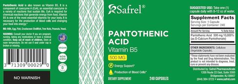 Safrel Pantothenic Acid (Vitamin B5) 500mg, 240 Capsules in Saudi Arabia