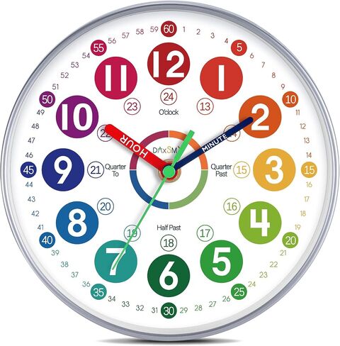 Learning Clock for Kids Telling Time Easily Teaching Clock Silent Non Ticking Battery Operated Colorful Teaching Time Clock Decorative for Kids Room Classroom School Playroom (8 Inch) in Saudi Arabia