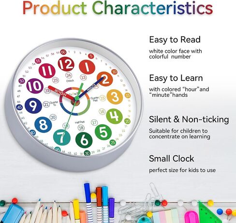 Learning Clock for Kids Telling Time Easily Teaching Clock Silent Non Ticking Battery Operated Colorful Teaching Time Clock Decorative for Kids Room Classroom School Playroom (8 Inch) in Saudi Arabia