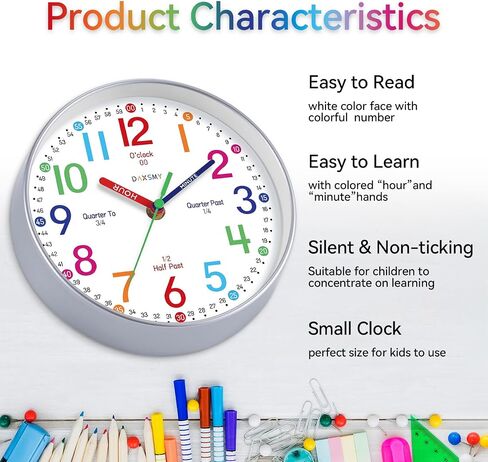 Learning Clock for Kids Telling Time Easily Teaching Clock Silent Non Ticking Battery Operated Colorful Teaching Time Clock Decorative for Kids Room Classroom School Playroom (8 Inch) in Saudi Arabia