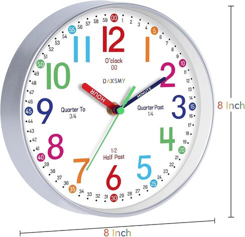 Learning Clock for Kids Telling Time Easily Teaching Clock Silent Non Ticking Battery Operated Colorful Teaching Time Clock Decorative for Kids Room Classroom School Playroom (8 Inch) in Saudi Arabia