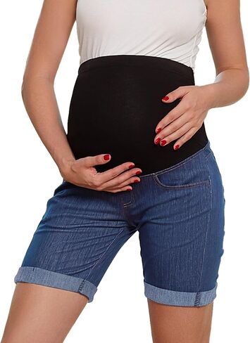 Bhome شورت جينز برمودا من قماش الدنيم فوق البطن بلوحة كاملة كاجوال للحمل in Kuwait
