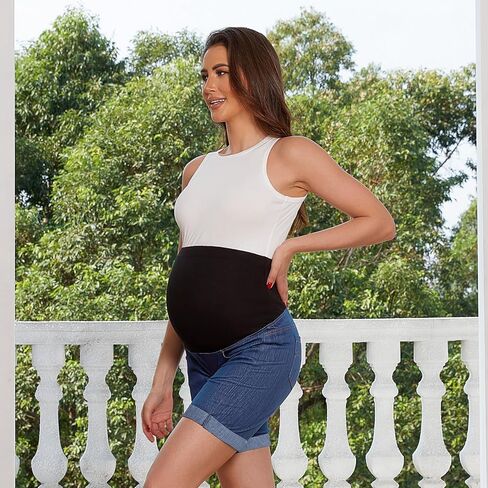 Bhome شورت جينز برمودا من قماش الدنيم فوق البطن بلوحة كاملة كاجوال للحمل in Kuwait