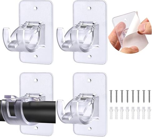 2 Pack No Drill Curtain Rod Brackets, Self Adhesive No Drilling Curtain Rod Holder Hooks, Nail Free Curtain Rod Hangers Save Space for Bathroom Kitchen Home -Transparent in Saudi Arabia