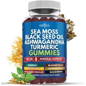 NEW AGE Sea Moss Gummies, Sea Moss 3000mg, Black Seed 2000mg, Ashwagandha 1000mg, Turmeric, Manuka Honey, ACV, Dandelion, Black Pepper, Burdock, Bladderwrack, Vegan - 60 Count
