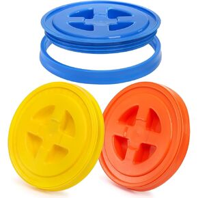 Hacaroa 3 Pieces 5 Gallon Bucket Lids, 12 Inch Plastic Screw Top Seal Lids, Leak-proof Reusable Bucket Twist Lids Caps for Pet Food, Grain, Paint Storage Buckets, 3 Colors