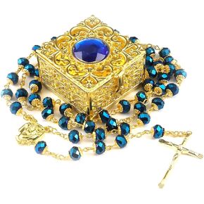 WHLHMK Rosary Beads Catholic for Women With Vintage Jewelry Box, Purple Crystal Rosary Necklace with Metal Gift Box, First Communion Rosary for Girls and Boys Anglican Prayer Beads Catholic Gifts in Kuwait