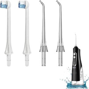 AINA Water Dental Flosser Replacement Nozzles - 2 Standard Jet Tips & 2 Tooth Brush Tips for Daily Use | Oral Irrigator Accessories | Every Day Use Replacement Heads (4 Pcs)