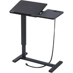 Adjustable Overbed Table with Wheels Pneumatic Hospital Bed Table with Charging Station Mobile Standing Desk with Tiltable Tabletop (Black)