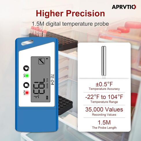 مسجل بيانات درجة الحرارة TE-04 مع مسبار خارجي 1.5 متر، تقرير PDF وCSV تلقائي، 35000 نقطة، وظيفة تسجيل الإيقاف المؤقت للشاشة الكبيرة، مسجل درجة الحرارة لتخزين لقاحات الشحن بسلسلة باردة in Kuwait