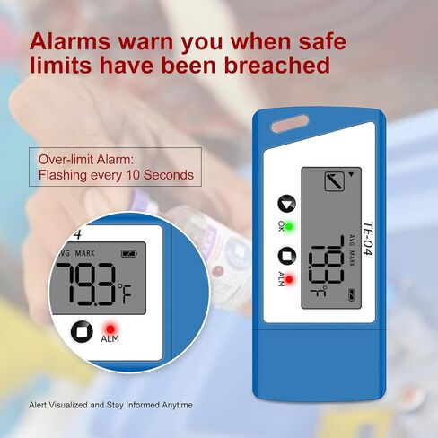 مسجل بيانات درجة الحرارة TE-04 مع مسبار خارجي 1.5 متر، تقرير PDF وCSV تلقائي، 35000 نقطة، وظيفة تسجيل الإيقاف المؤقت للشاشة الكبيرة، مسجل درجة الحرارة لتخزين لقاحات الشحن بسلسلة باردة in Kuwait