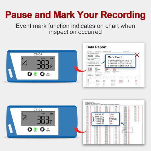 مسجل بيانات درجة الحرارة TE-04 مع مسبار خارجي 1.5 متر، تقرير PDF وCSV تلقائي، 35000 نقطة، وظيفة تسجيل الإيقاف المؤقت للشاشة الكبيرة، مسجل درجة الحرارة لتخزين لقاحات الشحن بسلسلة باردة in Kuwait
