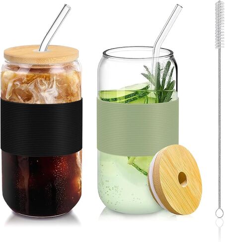 2Pack Glass Cups with Lids and Straws,Iced Coffee Cups,Glass Coffee Cups,Beer Glass Cup for Whiskey, Soda, Tea, Juice,16OZ Drinking Glasses Cups with Protective Sleeves 2 Colors,1 Brush in Saudi Arabia