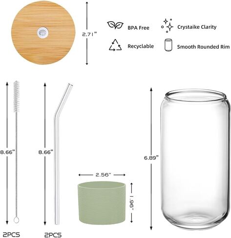 2Pack Glass Cups with Lids and Straws,Iced Coffee Cups,Glass Coffee Cups,Beer Glass Cup for Whiskey, Soda, Tea, Juice,16OZ Drinking Glasses Cups with Protective Sleeves 2 Colors,1 Brush in Saudi Arabia
