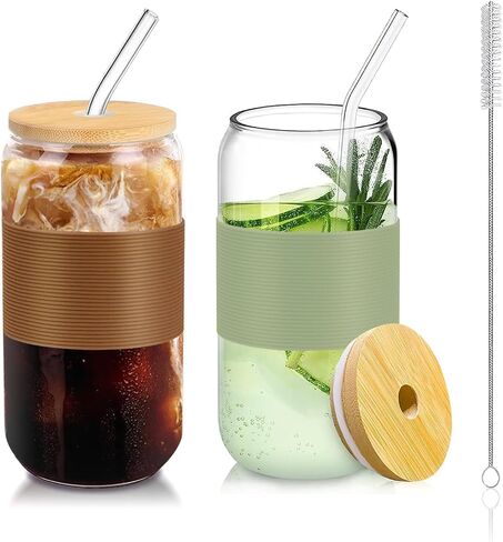 2Pack Glass Cups with Lids and Straws,Iced Coffee Cups,Beer Glass Cup,16OZ Drinking Glasses Cups for Whiskey, Soda, Tea, Juice, Glass Coffee Cups with Protective Sleeves 2 Colors,1 Brush in Saudi Arabia